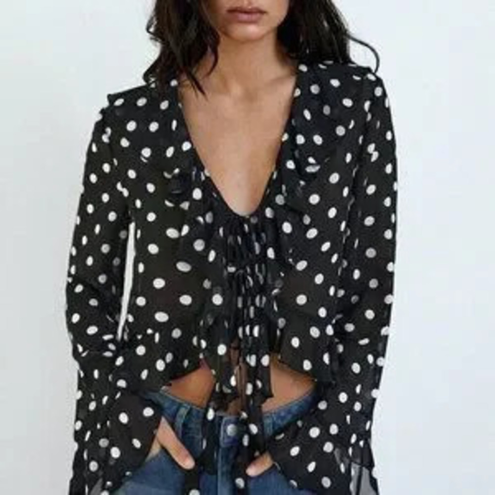 ZARA Black Women's Polka Dot Print Design Front Bow Tie Ruffle details blouse